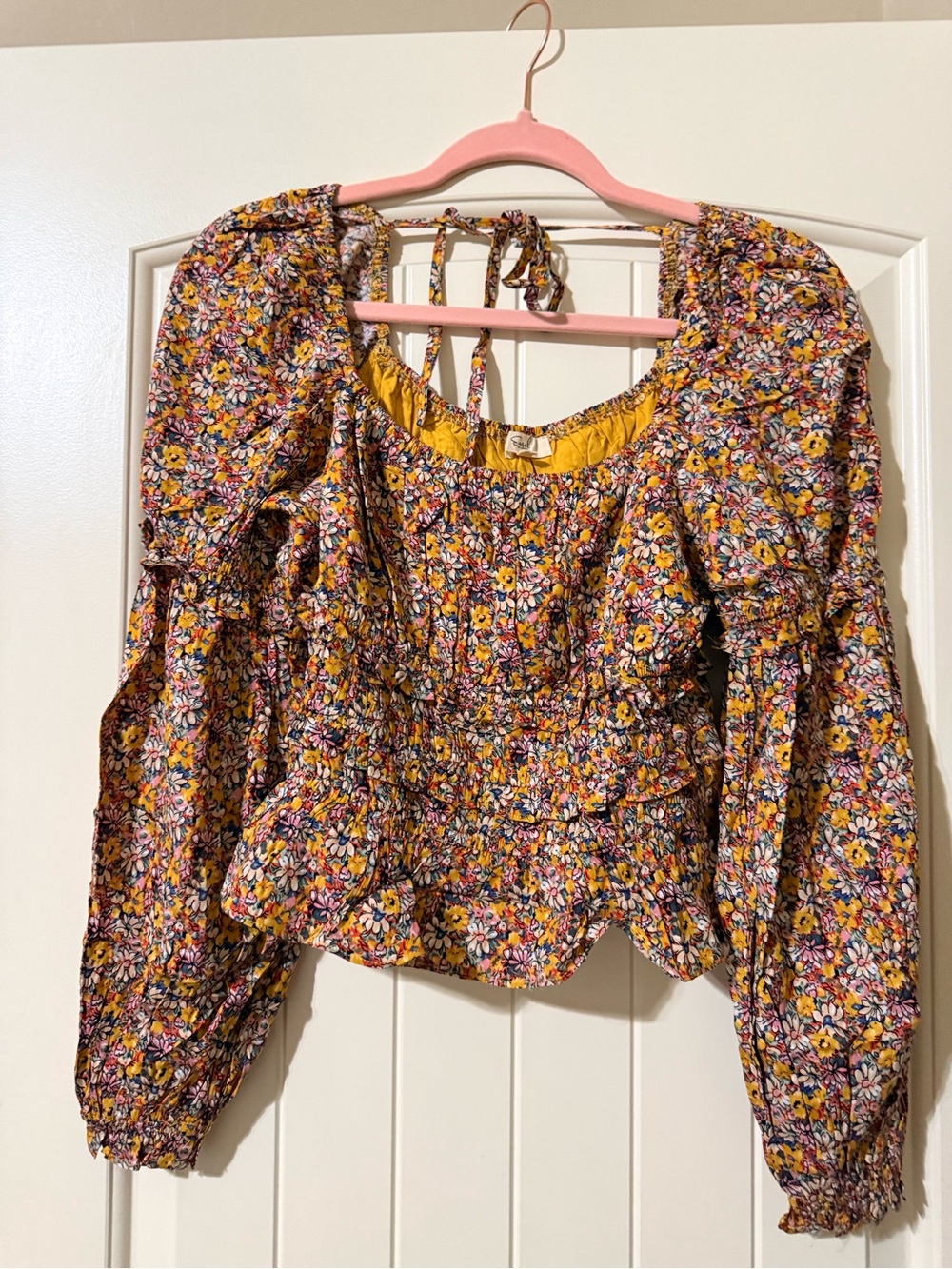 easel Mustard Pink Floral Smocked Peasant Top. NWOT